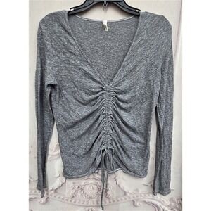 NWOT Lanston XS Ruched Tie Front Long Sleeve V Neck T Shirt Top 130456